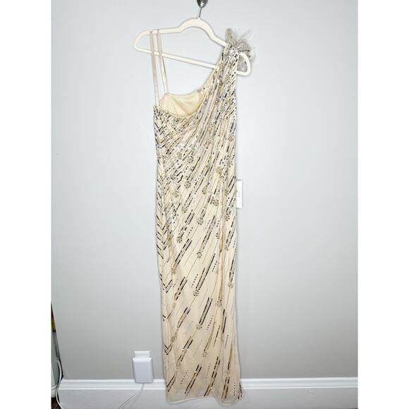 Mac Duggal 93739 Embellished Floral Detail One Shoulder Gown Nude Gold 10 $498 - Picture 3 of 12